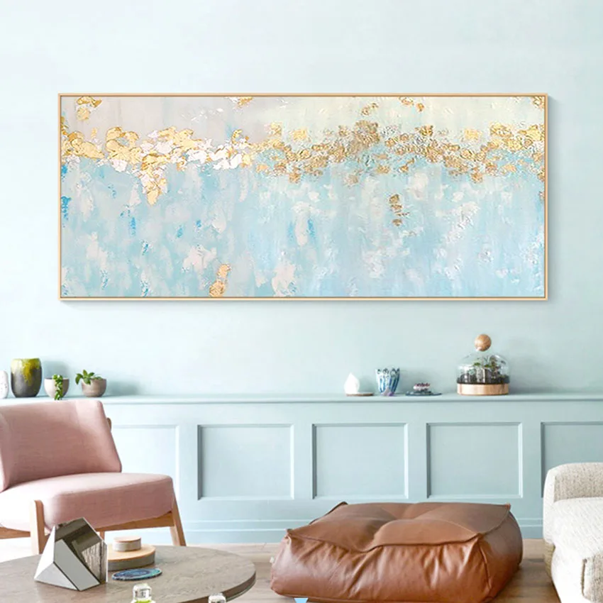 Красивое искусство Золотой и синий абстрактный пейзаж Ручная работа картина