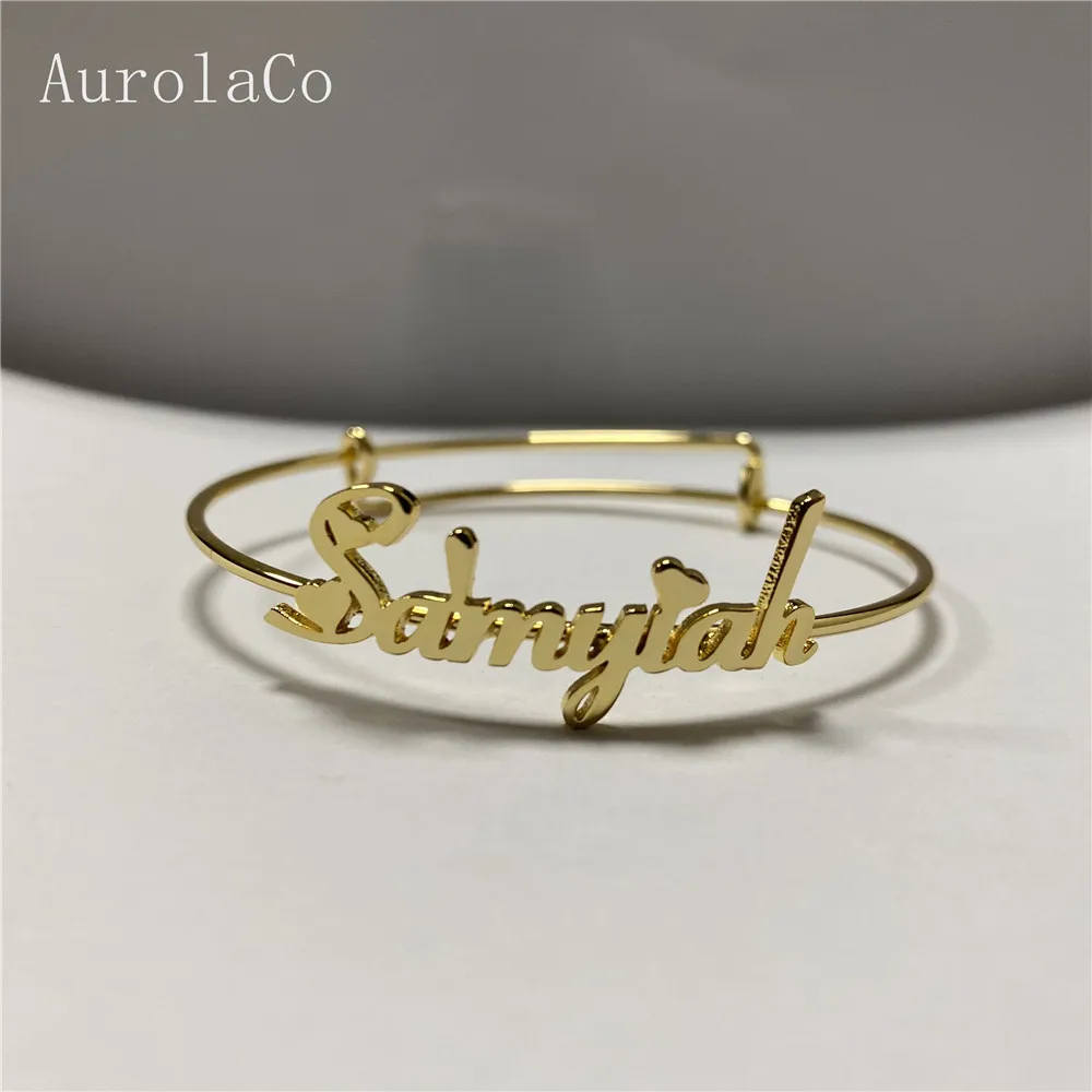 

AurolaCo Customized Nameplate Name Bracelet Personalized Custom Cuff Bangles Women Men Rose Gold Stainless Steel Jewelry Gifts