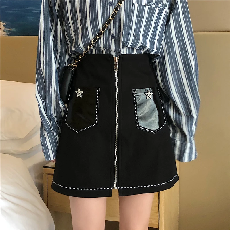 

Women Mini Skirt High Waist Black Front Zipper Two Pockets Casual Short Cocktail Clothing Elegant A Line Soft Skirts