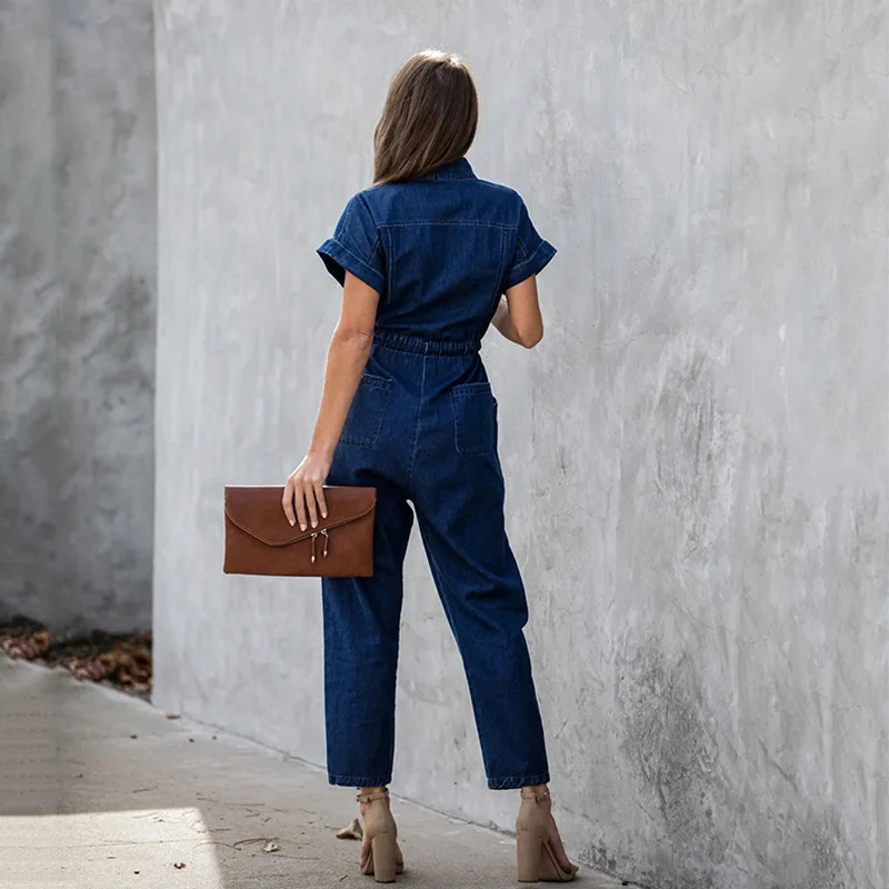 Женский Повседневный джинсовый комбинезон на молнии с v образным вырезом и