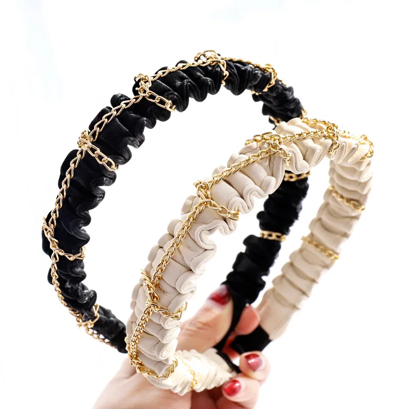 

2020 Vintage Chain Fold PU Leather Bezel Hairband Women Turban Headband Girls Hair Accessories Opaska Do Wlosow Diademas