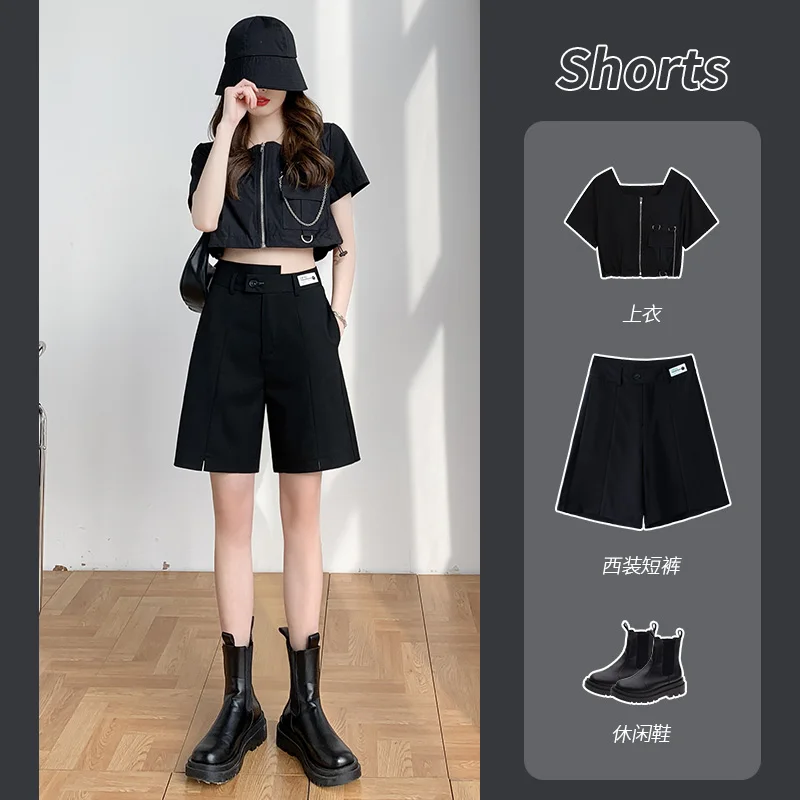 

Suit Shorts Women's Summer High Waist A- line Drooping Slimming Wide Leg Straight Loose Casual Five Points Pirate Shorts