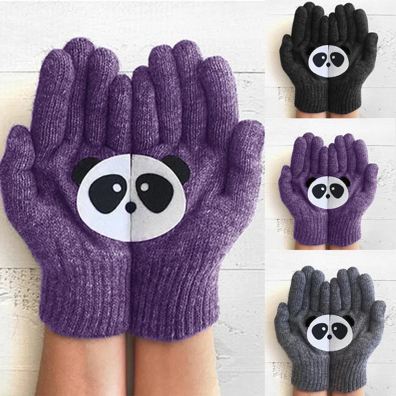 Осенне зимние теплые толстые черные перчатки с принтом панды лошади животных