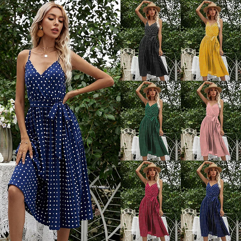 

Woman Dress Women Clothing Summer Camisole New Style Dot Dress Chiffon Dress Mid-length Dress Pleated Dress Camisole