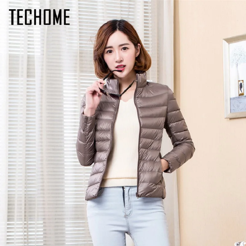TECHOME Новое Женское пальто ультра легкий пуховик женские короткие воротник стойка