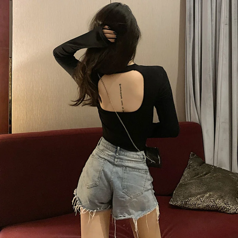 

Autumn And Winter New Bottomed T Shirt Feminine T-shirts Backless Long Sleeve T-shirt Top Chic Women Clothing Woman Tshirts