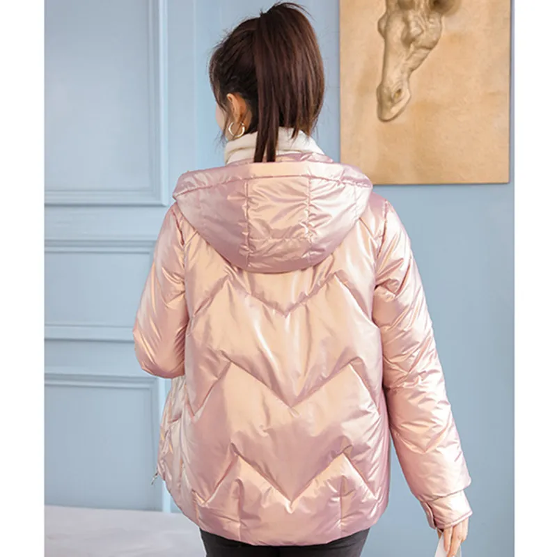 

2021 Women's Winter Cotton Paddded Jacket Thick Glossy Warm Short Parkas For Female Hooded Waterproof Bubble Coat Outwear S206