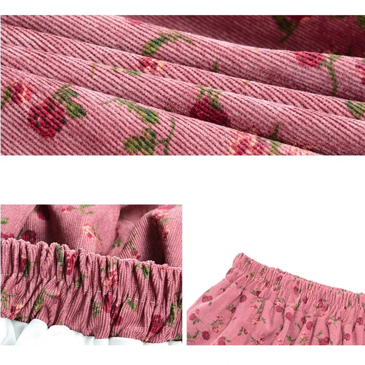 

Punk Rock Korean Skirt Streetwear Elastic Waist Midi Skirt Vintage Floral Print Pleated Corduroy Long Skirts Winter Women