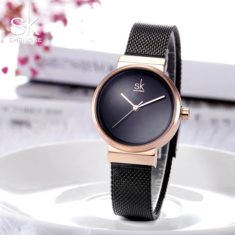 

Shengke Elegant Fashion Quartz Watch Woman Stainless Steel Mesh Strap Hardlex Simple Dials Ladies Waterproof Wristwatch K0083
