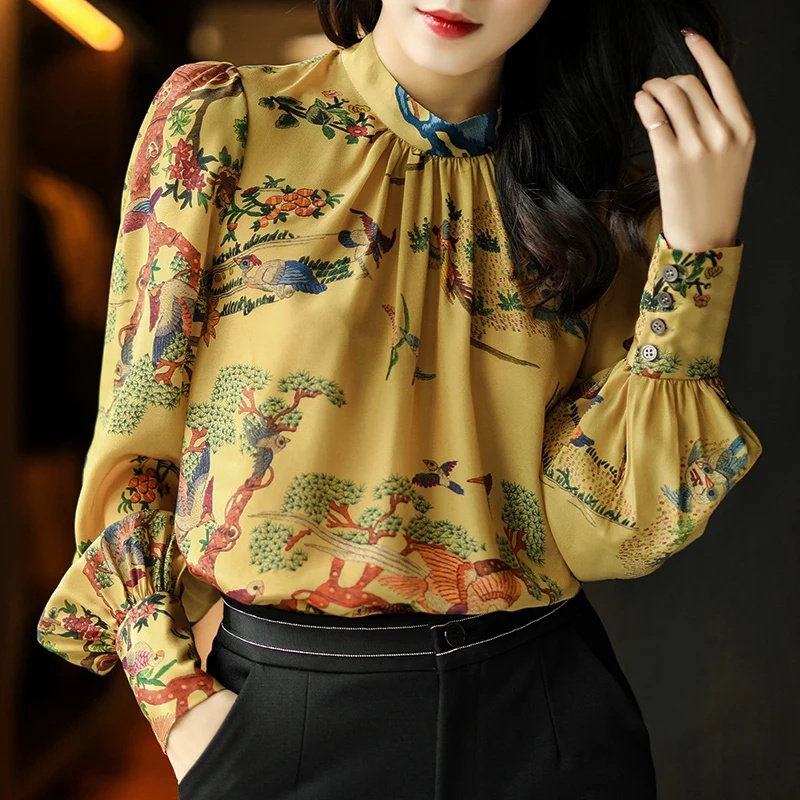 100% Real Silk Vintage Blouse Women Clothes 2020 Ladies Tops Long Sleeve Shirt Women Blouses Elegant Shirts Ropa Mujer W19DS1369