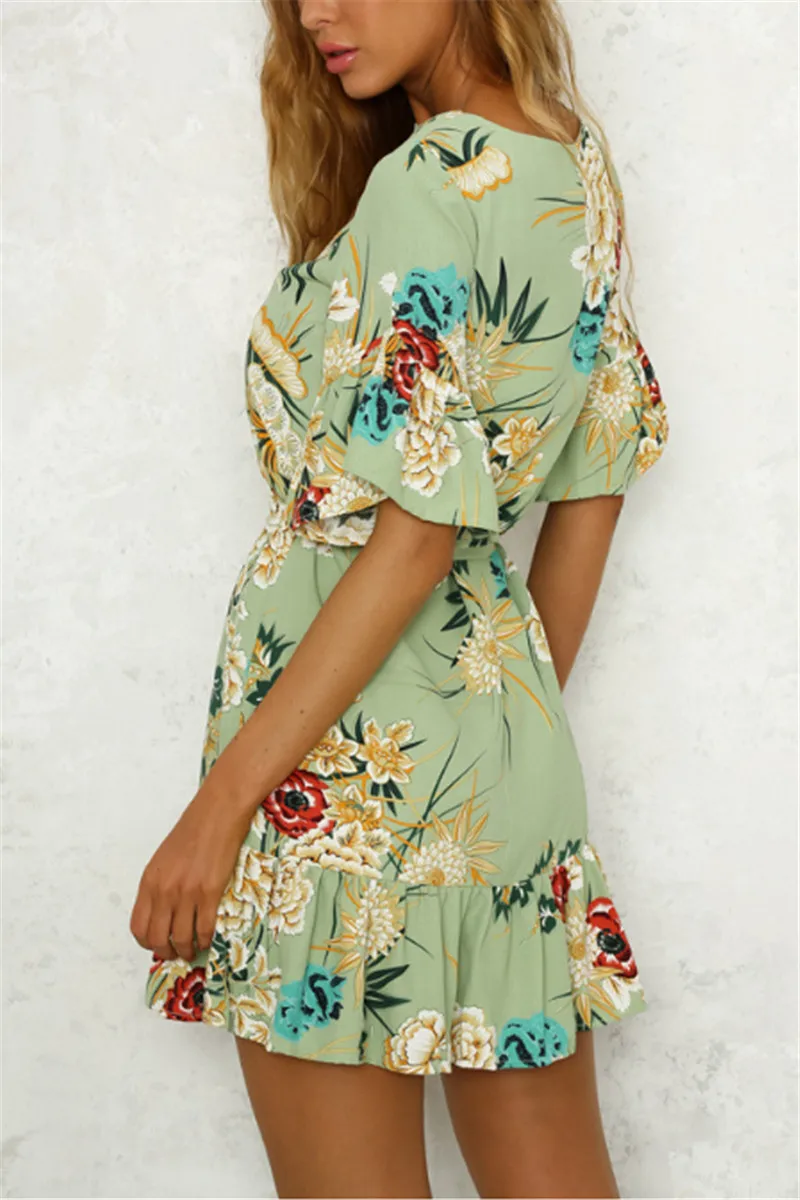 Женское мини-платье с цветочным принтом летнее пляжное платье Бохо круглым