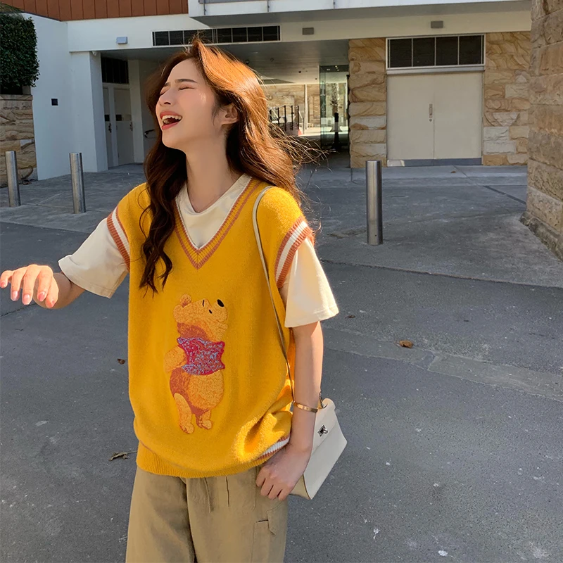 Женский пуловер без рукавов Осень 2019 корейский стиль каваи мультфильм Винни Пух