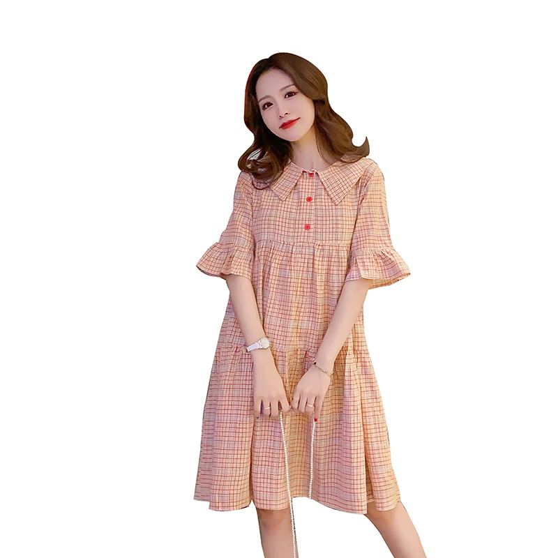 

1863# 2021 Summer Korean Fashion Plaid Maternity Dress Sweet Large Size Loose Clothes for Pregnant Women Cotton Linen Pregnancy