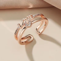 fashionable personality exquisite love hollow double layer ring with diamonds love english opening adjustment ring female