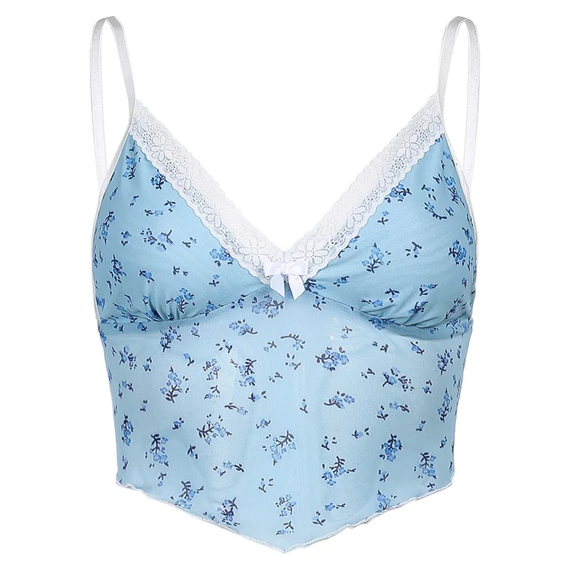

Bow Cute Camisole Mesh Party Top Summer Women Harajuku Elegant Tee Top Y2K Blue Short Top Floral Lace Sweet Camis Tank Top