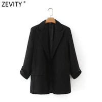 zevity 2021 women fashion notched collar fitting blazer coat office roll up sleeve pockets female chic open stitching tops sw712