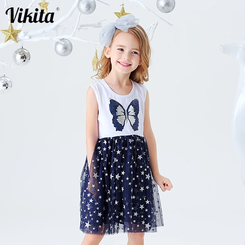 

VIKITA Girls Summer Dress Kids Butterfly Dress for Girl Princess Birthday Party School Casual Wear Girls Sleeveless Dresses