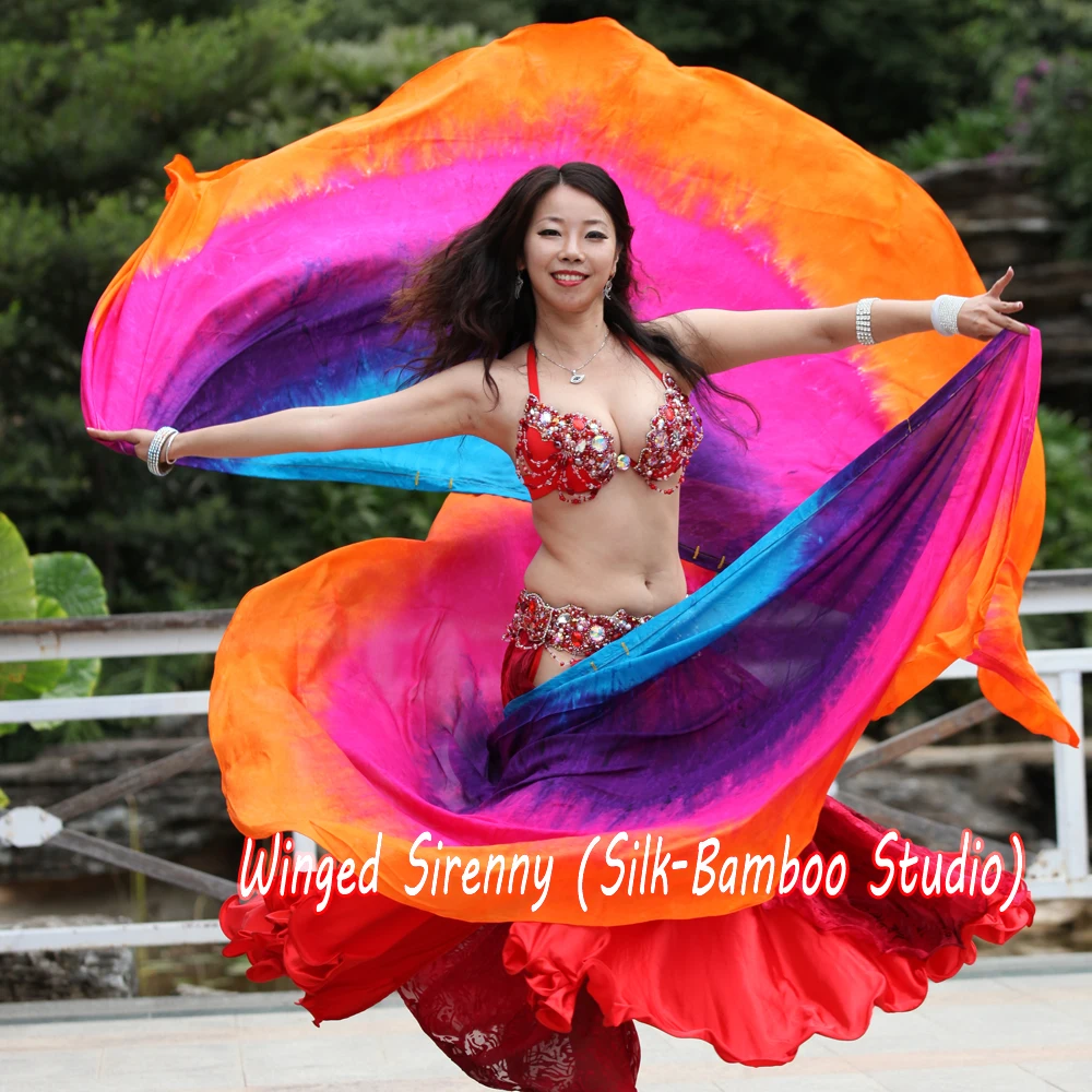 turquoise-purple-pink-orange 1 PIECE 2.7m*1.14m(3 yard*45") tie-dye 8mm habotai real silk belly dance half circle veil. |