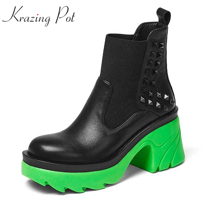 

Krazing Pot cow leather western boots warm winter shoes elegant slip on platform high heels mixed color brand rivets ankle boots