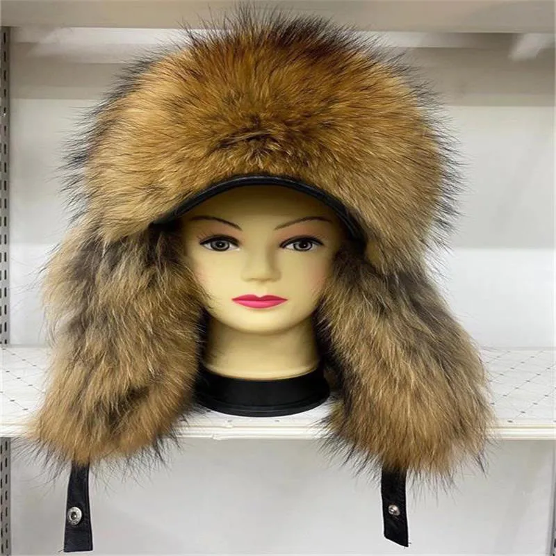 Male Ladies Raccoon Fur Bomber Hats Winter Fox Ear Flap Russian Hat Aviator Snow Ski Warm Silver Fox Fur Ladies Hat Lovers