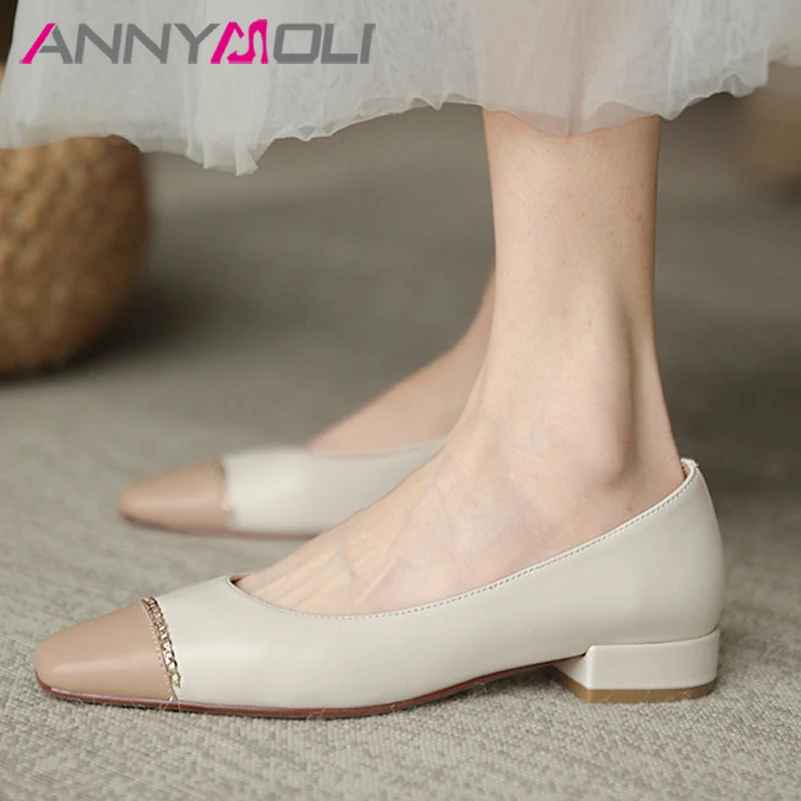 

ANNYMOLI Women Shoes Natural Genuine Leather Low Heels Fashion Block Heel Pumps Chain Square Toe Ladies Footwear Spring Apricot