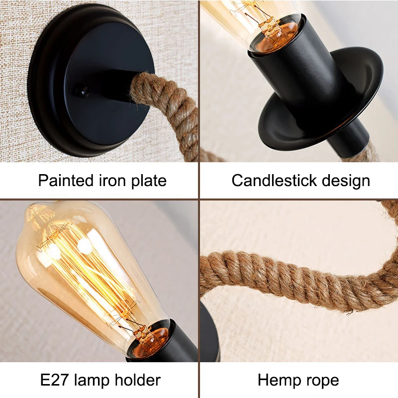 Винтажный настенный светильник из пеньковой веревки промышленный светодиодный s