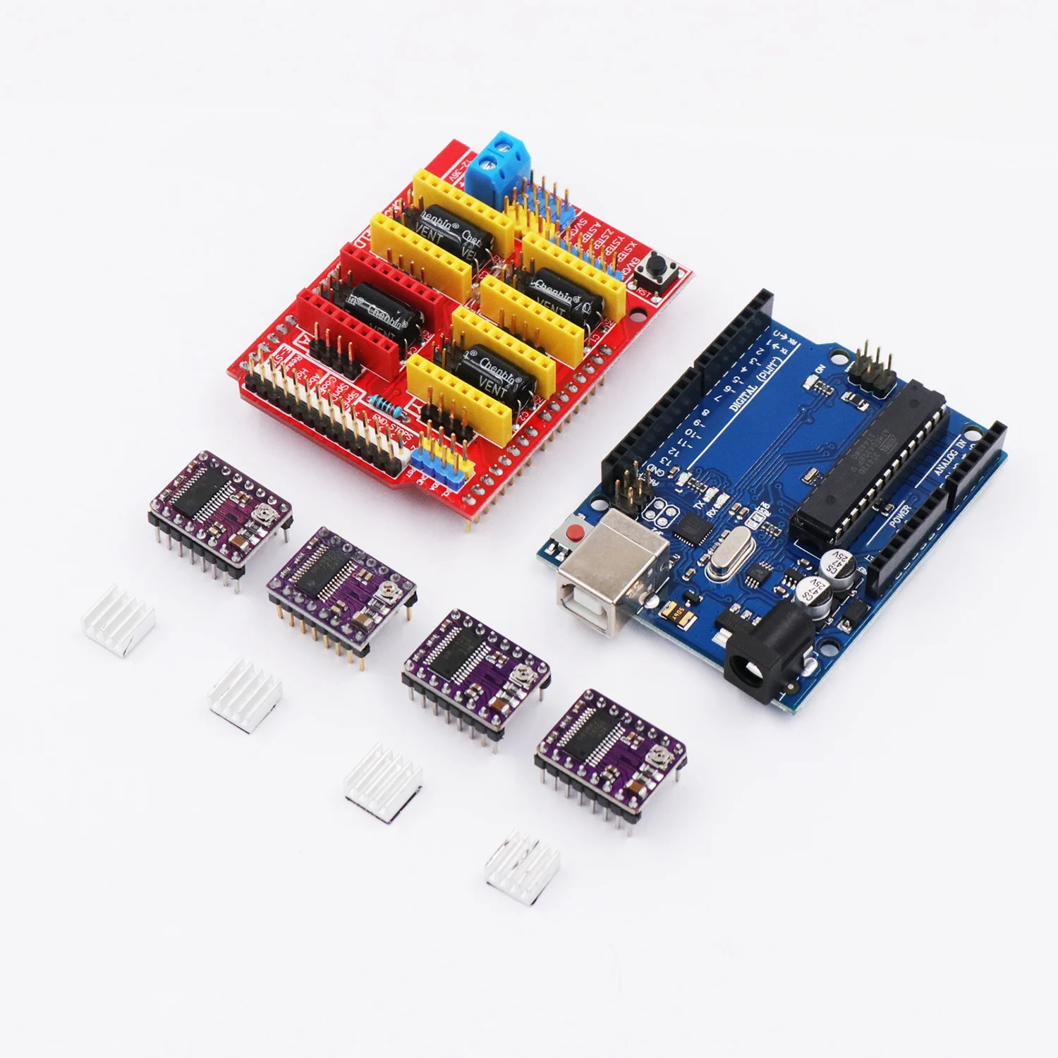Плата с ЧПУ щит V3 + R3 плата 4 шт. Драйвер шагового двигателя DRV8825 радиатором для Arduino