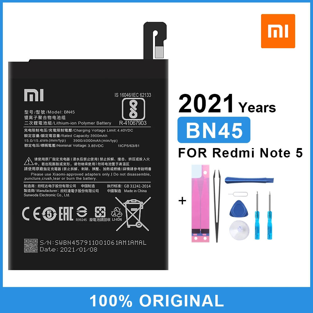 Оригинальный аккумулятор для телефона Xiaomi Redmi Note 5 BN45 сменный 4000 мАч с бесплатными