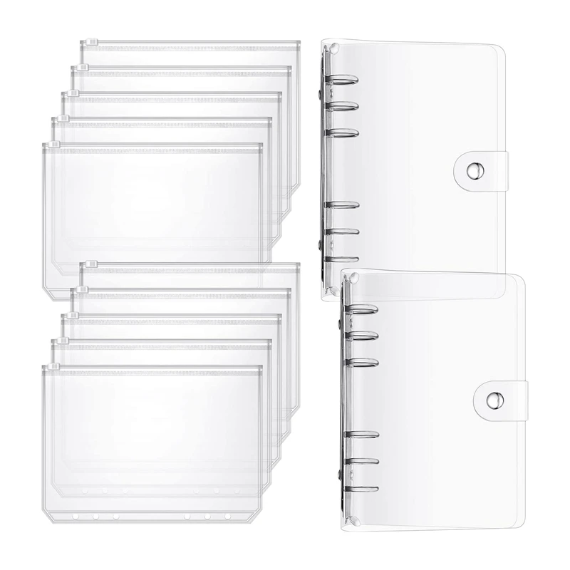

10Pcs A5 Size Binder Pocket 6 Holes Clear PVC Zipper Binder Pockets Loose Leaf Bag Zip Envelopes with 2 Pieces A5 Binder