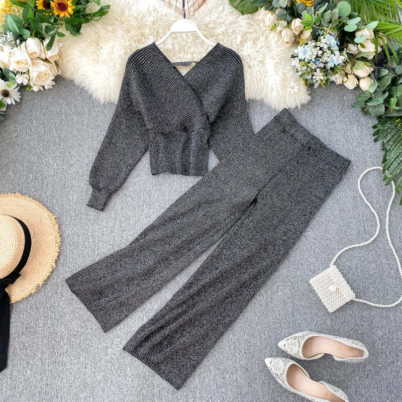 Женский Блестящий вязаный комплект SINGRAIN из двух предметов осенне-зимний свитер с