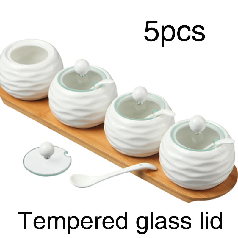 

Ceramic seasoning pot kitchen supplies box household combination bottle oil salt pot,[ 4+1 Sets ] with bamboo baseTemperedGlass