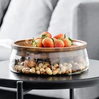mcj glass plate fruit nut dried storage box container double layer candy storage box fruit tray with wooden lid for home kitchen