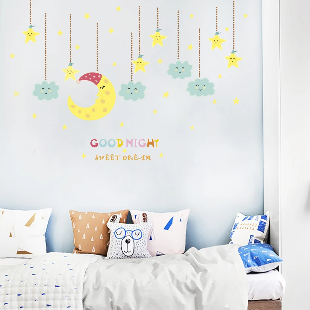 

Dream Moon Cloud Star Wall Stickers Decals For kids rooms Good Night Wall Quotes Children Bedroom Classroom Home Decor Decals