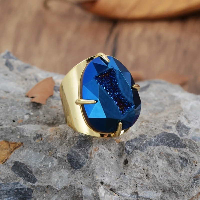 egg-blue Бренд borosa, Радужный дизайн, титановая Друза, граненое кольцо-коготь, медное золото, цветная слеза, яйцо, форма шампанского, друза, кольцо - Цвет основного камня: egg-blue