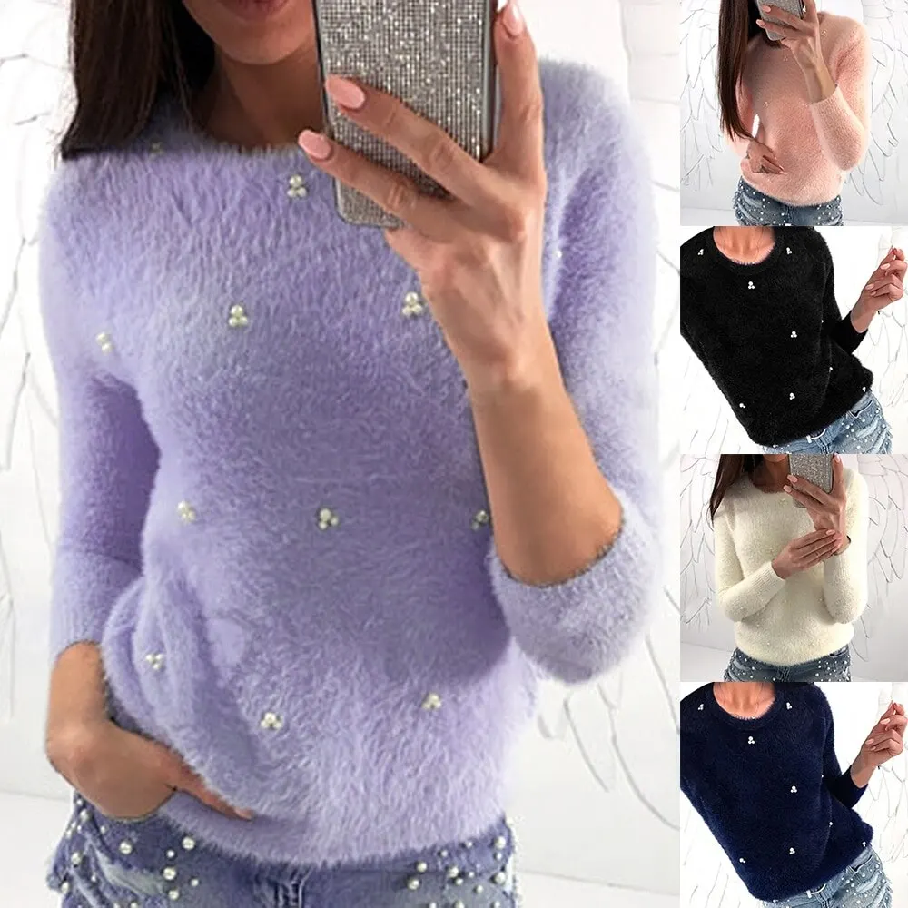 

Puimentiua Winter Sweater Women Pullovers Bead Plush Knitted Sweater Female Pull Femme Hiver Jersey Mujer Plus Size S-5XL