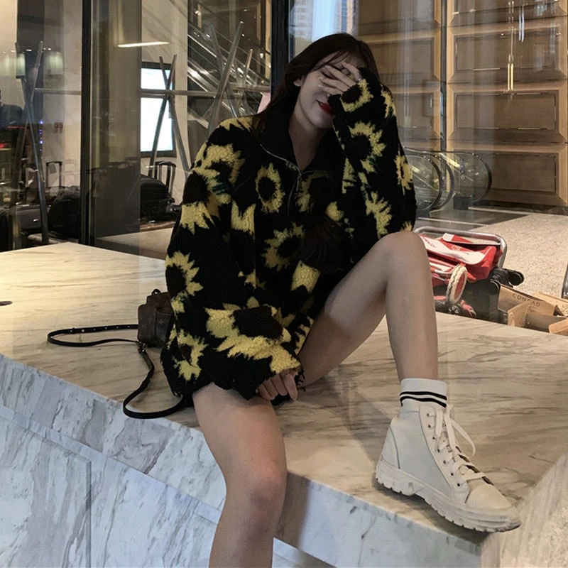 Вельветовый Женский пуловер с подсолнухами уличная Зимняя мода корейский