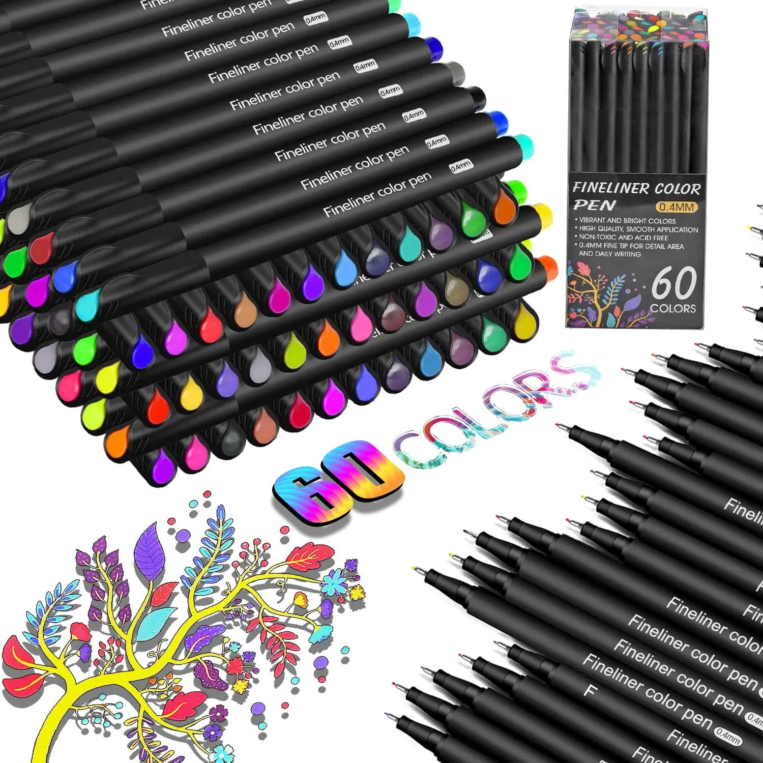 60 Colors Fineliner Color Pens Planner Pens Fine Point Markers Tip Drawing Pens for Writing Note Office School Supplies