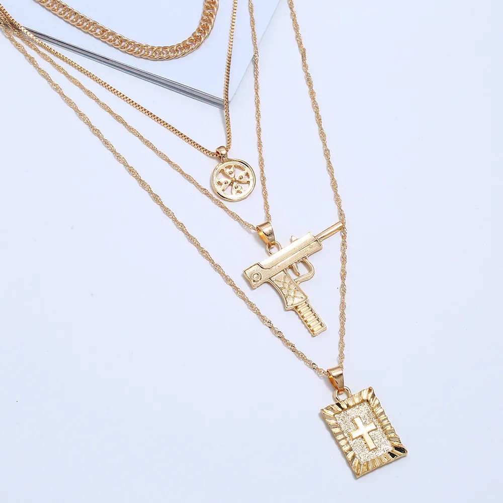 Женское многослойное колье с подвеской-крестом Золотистое Ожерелье кулоном в