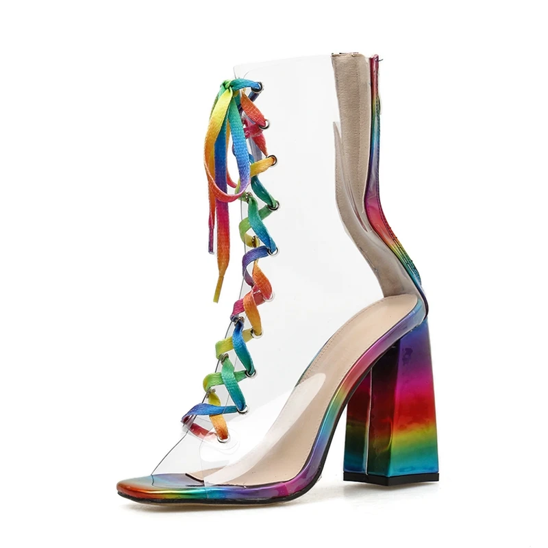 Ботильоны женские прозрачные радужные на шнуровке ботинки с открытым носком