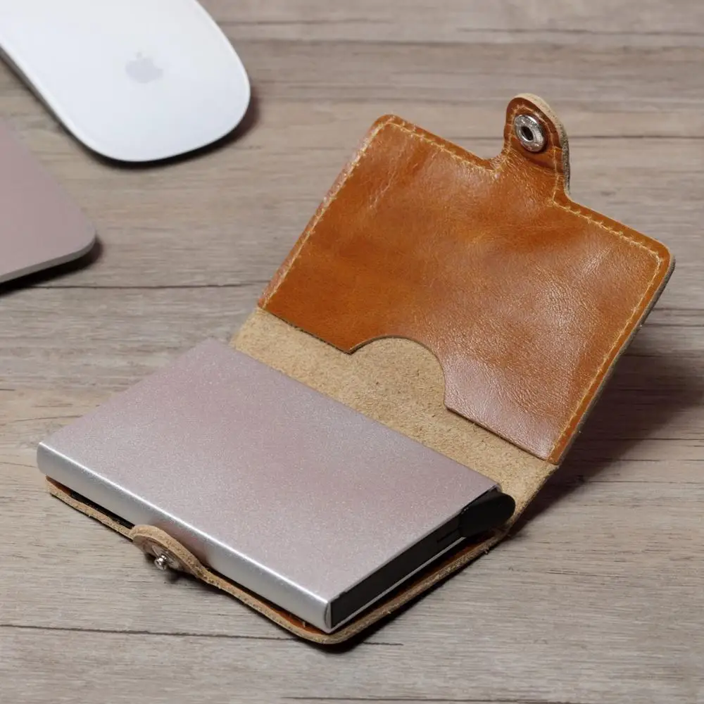 

Genuine Leather Men Aluminum Wallet Back Pocket ID Card holder RFID Blocking Mini Magic Wallet Automatic Credit Card Coin Purse
