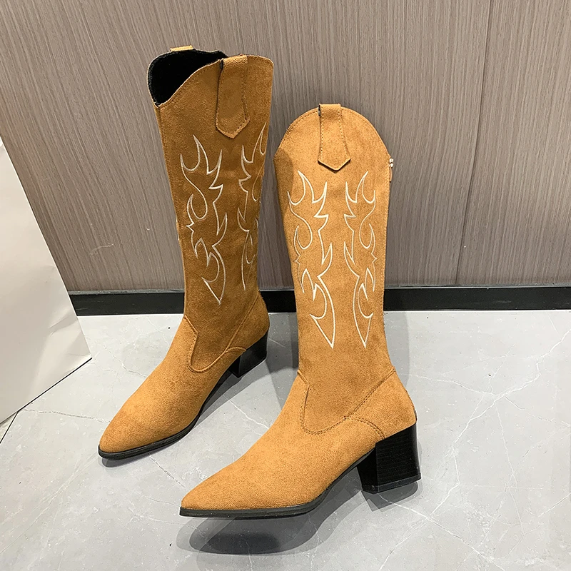 

Женские ковбойские сапоги до середины икры, с острым носком, на молнии