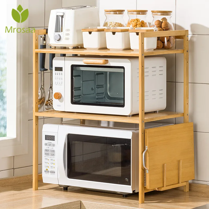 

Kitchen Shelves Rice Cooker Oven Microwave Shelf Double Home Countertop Desktop Storage Supplies Bamboo Solid Wood