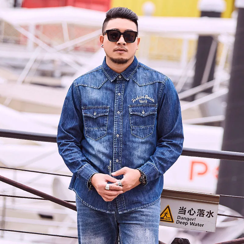N127 blue Большие размеры 8XL 6XL 5XL новые весенне-осенние повседневные джинсовые рубашки мужские свободные подходят брендовая одежда большие размеры однотонная хлопковая рубашка - Цвет: N127 blue