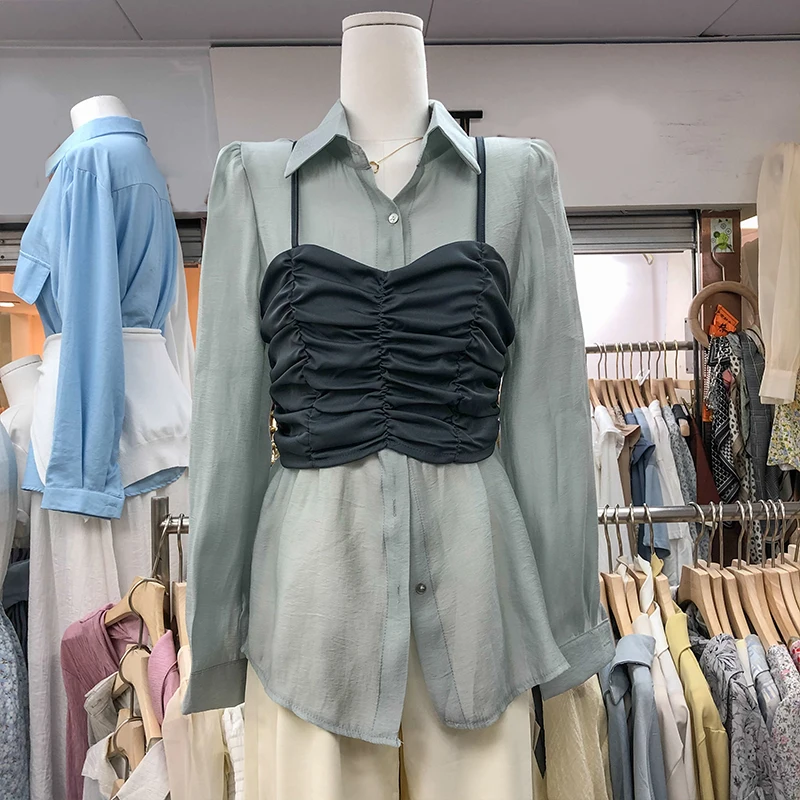 

2021 Spring Short Pleated Sling Outwear Camisole Women Long Puff Sleeve Blue Shirt Top Two-Piece Suit for Lady