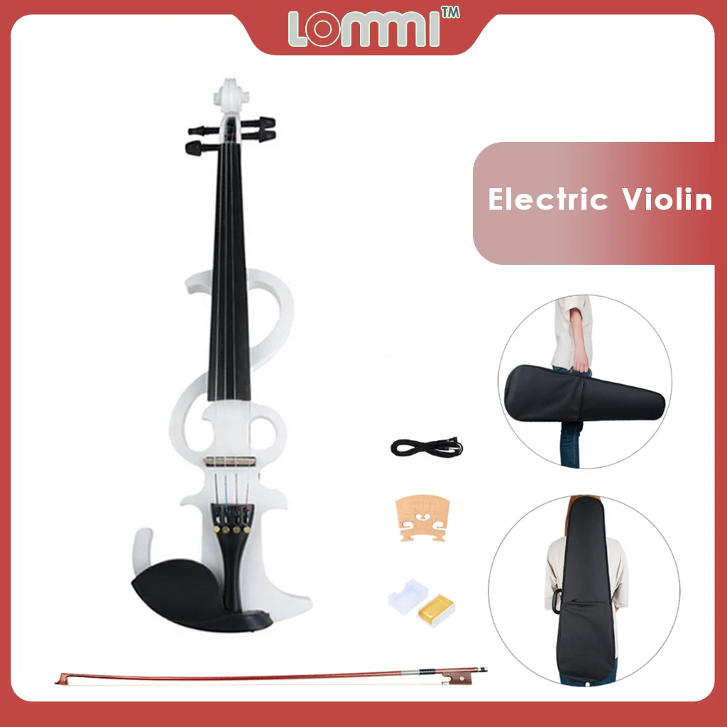 LOMMI Electric Violin 4/4 Full Size Silent Violin Solid Wood With Violin Case+Bow+Rosin+Bridge+Audio Cable White 44 Violin