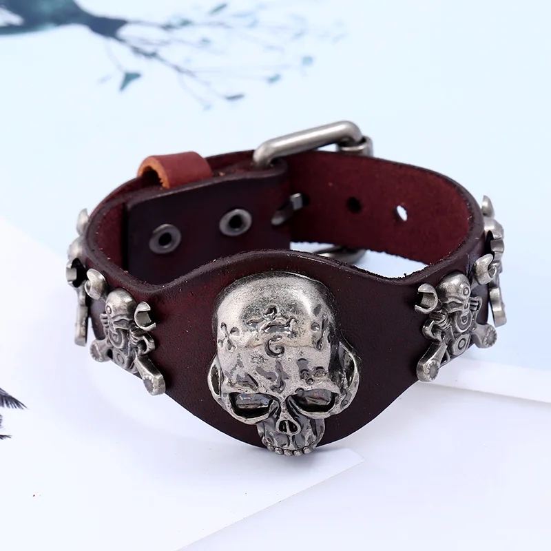 2019 Genuine Leather Women Men Bracelet Bangle Alloy Skull Accessories Fashion Adjustable Jewelry Gift | Украшения и аксессуары