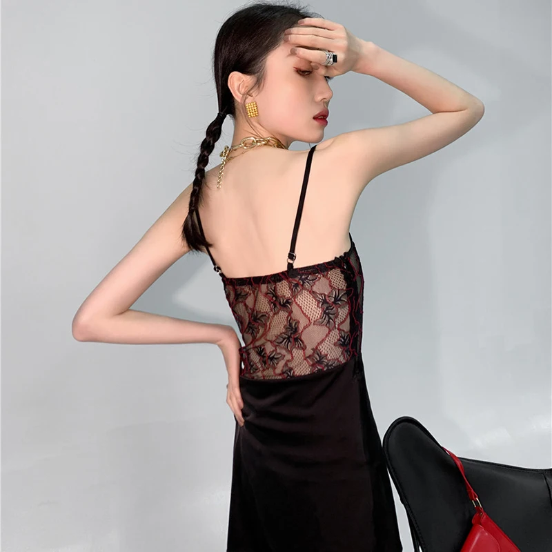 

XIZIHUPAN Sexy Black Sling Dress For Women Square Collar Sleeveless High Waist Patchwork Lace Drawstring Dresses Female 2021 New