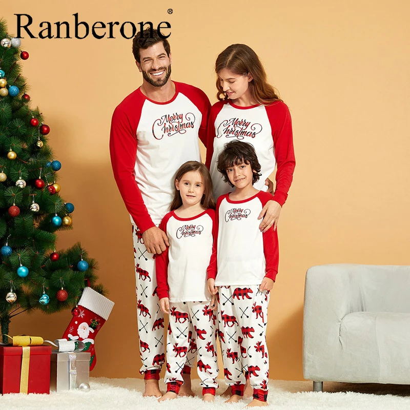 

Ranberone Splicing Children Tracksuit Printing Kids Family Christmas Set Breathable Health Long Sleeve And Trousers Party Family