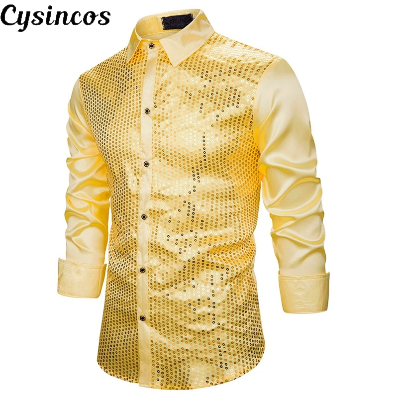 CYSINCOS New Men'Luxury Sequin Dress Shirts Long Sleeve Silk Satin Shiny Men Chemise Stage Dance | Мужская одежда