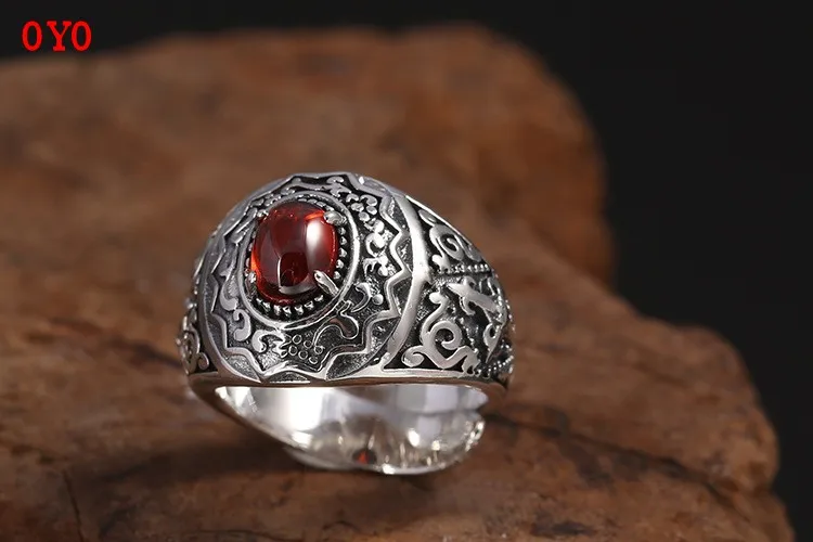 2021 new style 990 sterling silver personality inlaid garnet retractable Thai silver retro hipster ring